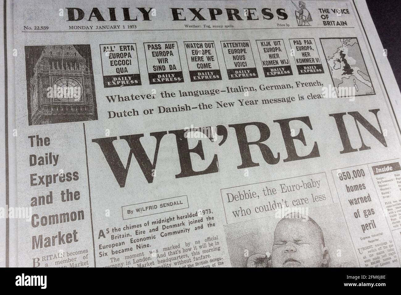 Die Tageszeitung Daily Express (Replik) am Tag des britischen Eineintreues in die Europäische Wirtschaftsgemeinschaft (heute EU) am 1. Januar 1973. Stockfoto