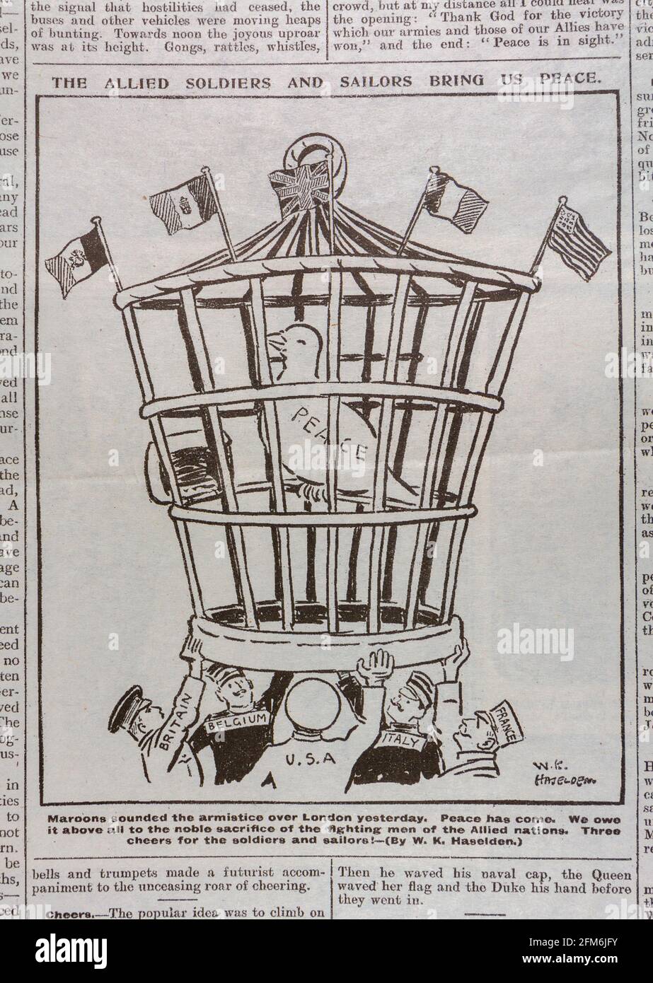 Karikatur von WK Haselden zum Thema „Frieden ist gekommen“ in der Tageszeitung Daily Mirror (Replik) am 12. November 1918 zum Ende des Ersten Weltkriegs. Stockfoto