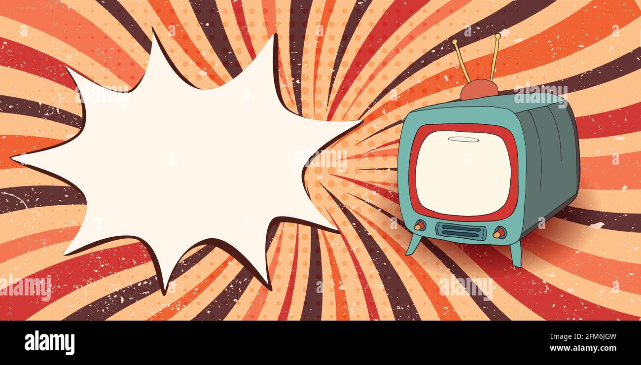Platz für die Banner-Kopie. Konzept Broadcast Film - News - Werbung - Show - Video.Hand zeichnen Comic alten Retro-TV. Leerer Bildschirm.Vintage Pop Art TV Stock Vektor