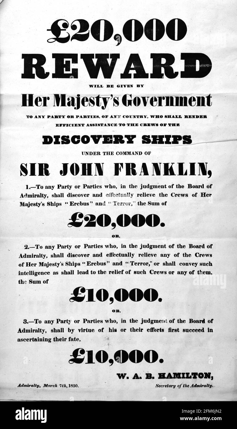 Die Franklin Expedition. Plakat mit einer £20,000-Belohnung für Informationen über die verlorene Franklin-Expedition Stockfoto