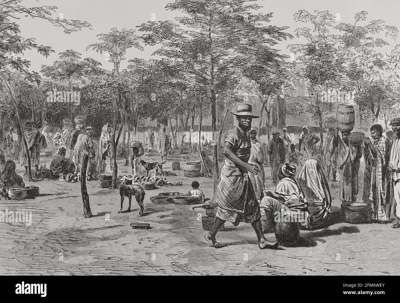 Geschichte Afrikas. 19. Jahrhundert. Loanda. Der heilige Paulus von Loanda. Blick auf den Marktplatz. Gravur. El Congo y la Creación del Estado Independiente de este nombre. Historia de los trabajos y Exploraciones Verificados (der Kongo und die Gründung seines Freistaates. A Story of Work and Exploration), von Henry M. Stanley. Herausgegeben in Barcelona, um 1890. Spanien. Stockfoto