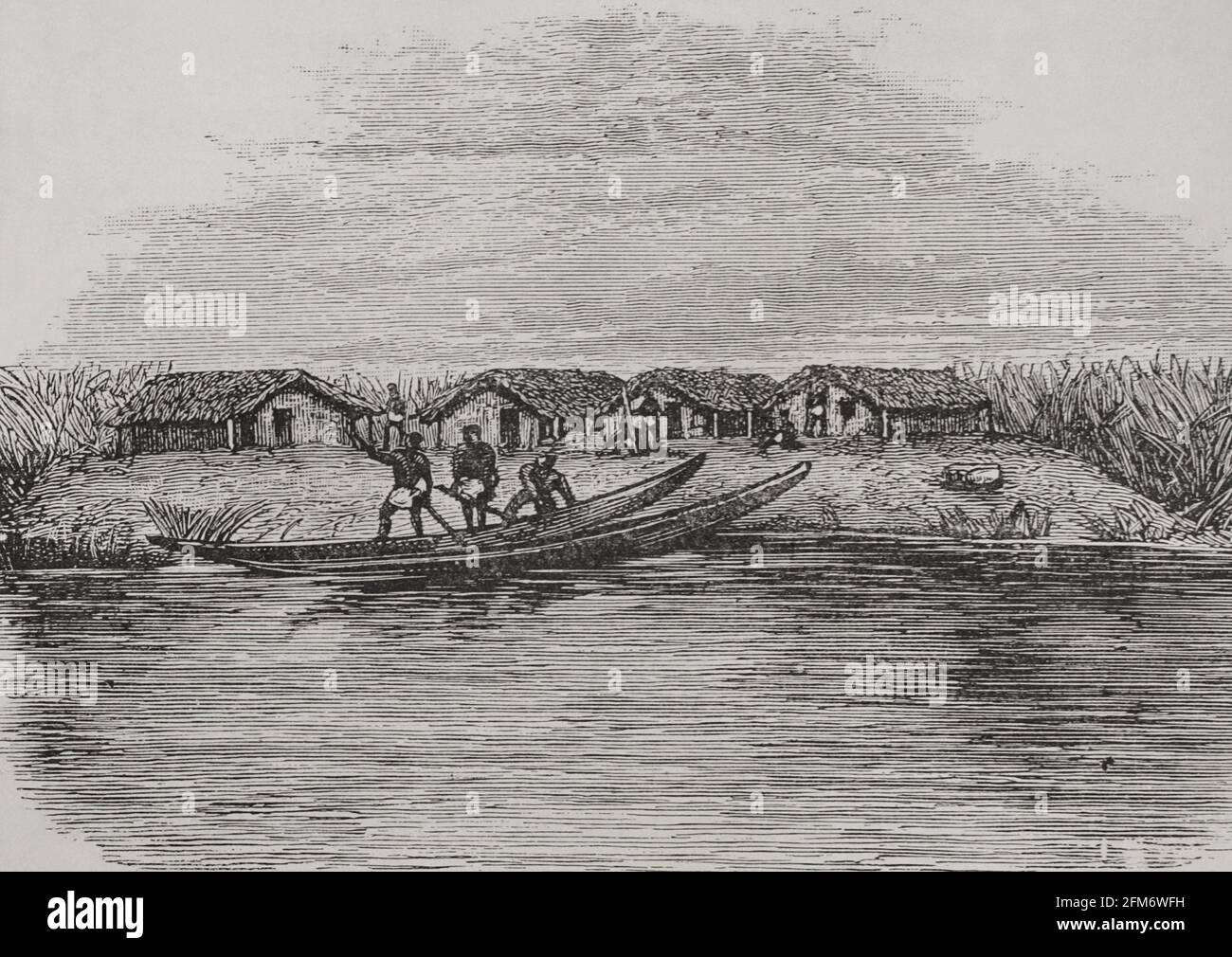 Geschichte Afrikas. 19. Jahrhundert. Dorf Ndua. Gravur. El Congo y la Creación del Estado Independiente de este nombre. Historia de los trabajos y Exploraciones Verificados (der Kongo und die Gründung seines Freistaates. A Story of Work and Exploration), von Henry M. Stanley. Herausgegeben in Barcelona, um 1890. Spanien. Stockfoto