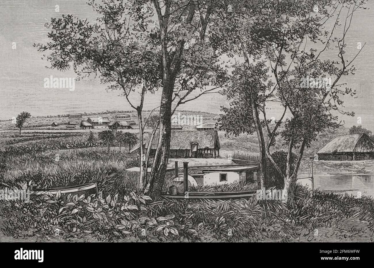 Geschichte Afrikas. 19. Jahrhundert. Kongo. Ansicht von Leopoldville, April 1882. Gravur. El Congo y la Creación del Estado Independiente de este nombre. Historia de los trabajos y Exploraciones Verificados (der Kongo und die Gründung seines Freistaates. A Story of Work and Exploration), von Henry M. Stanley. Herausgegeben in Barcelona, um 1890. Spanien. Stockfoto