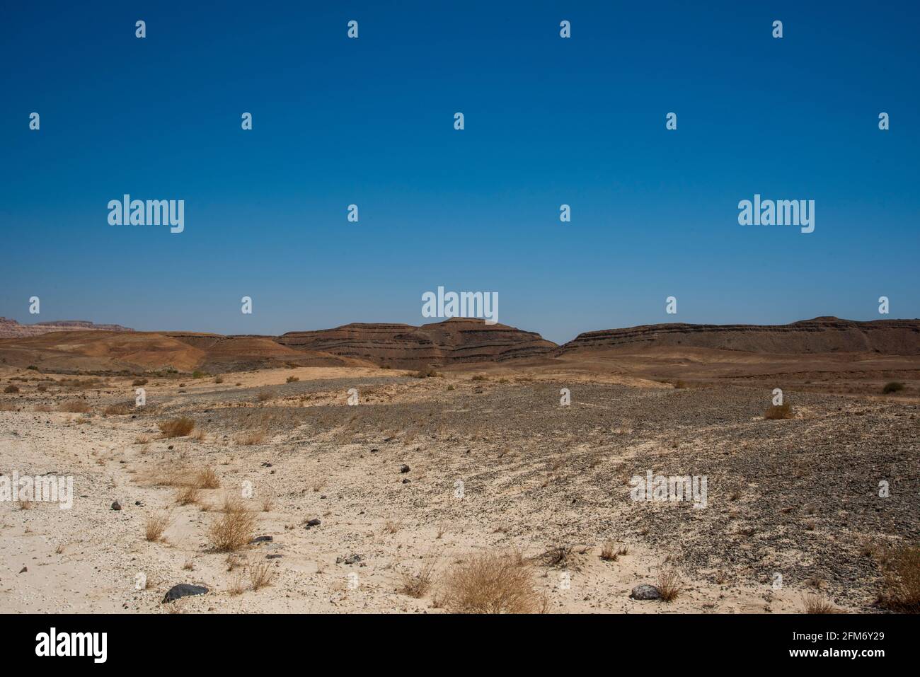 Ein Blick vom Krater im Ramon Krater. Blick auf die Wüste. Weißer Sand und ein Horizont mit blauem Himmel. Negev, Israel. Hochwertige Fotos Stockfoto