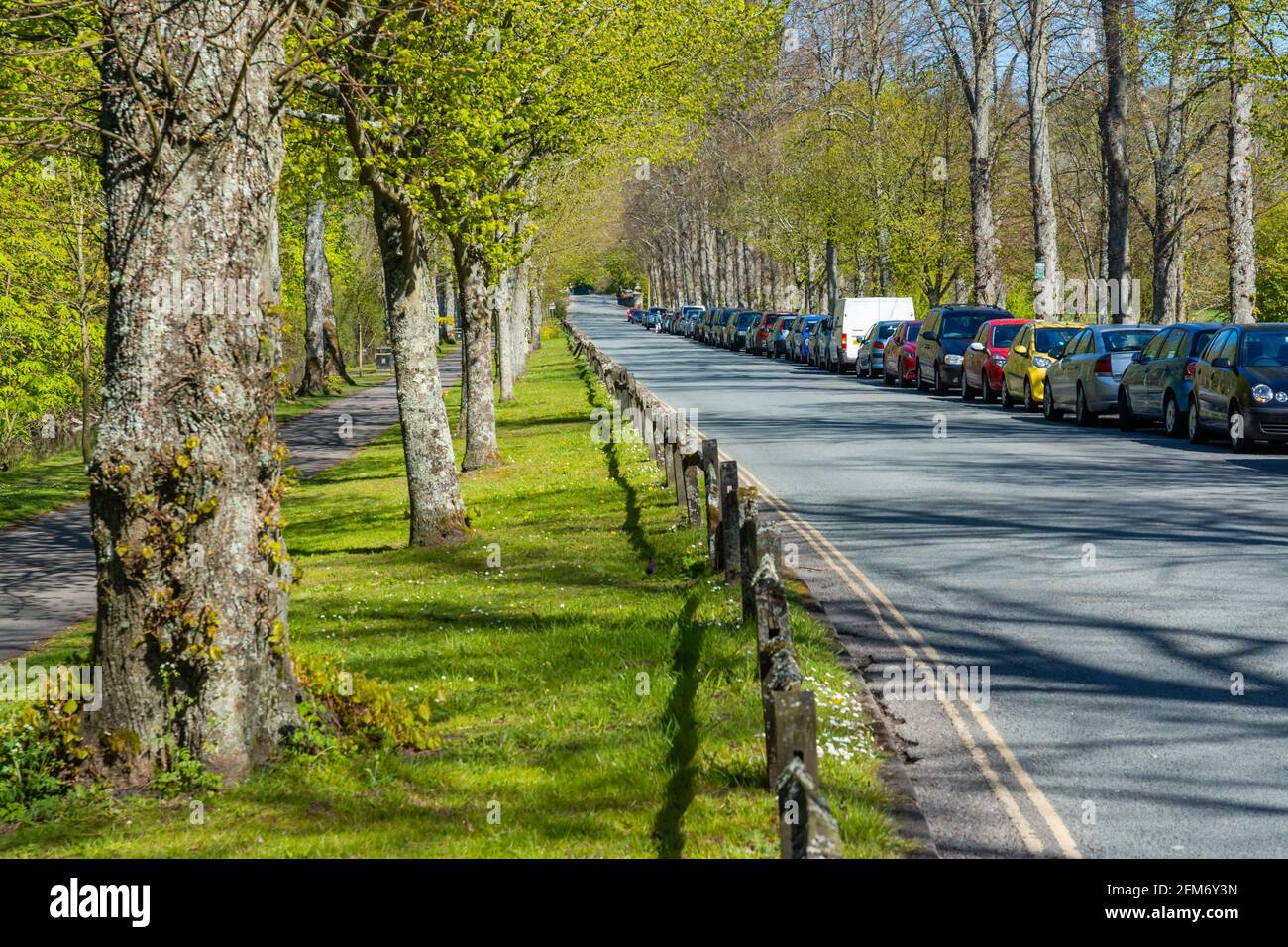 Lange Autos, die auf einer Seite der Straße in Mill Road, Arundel, West Sussex, England, Großbritannien, geparkt wurden. Stockfoto