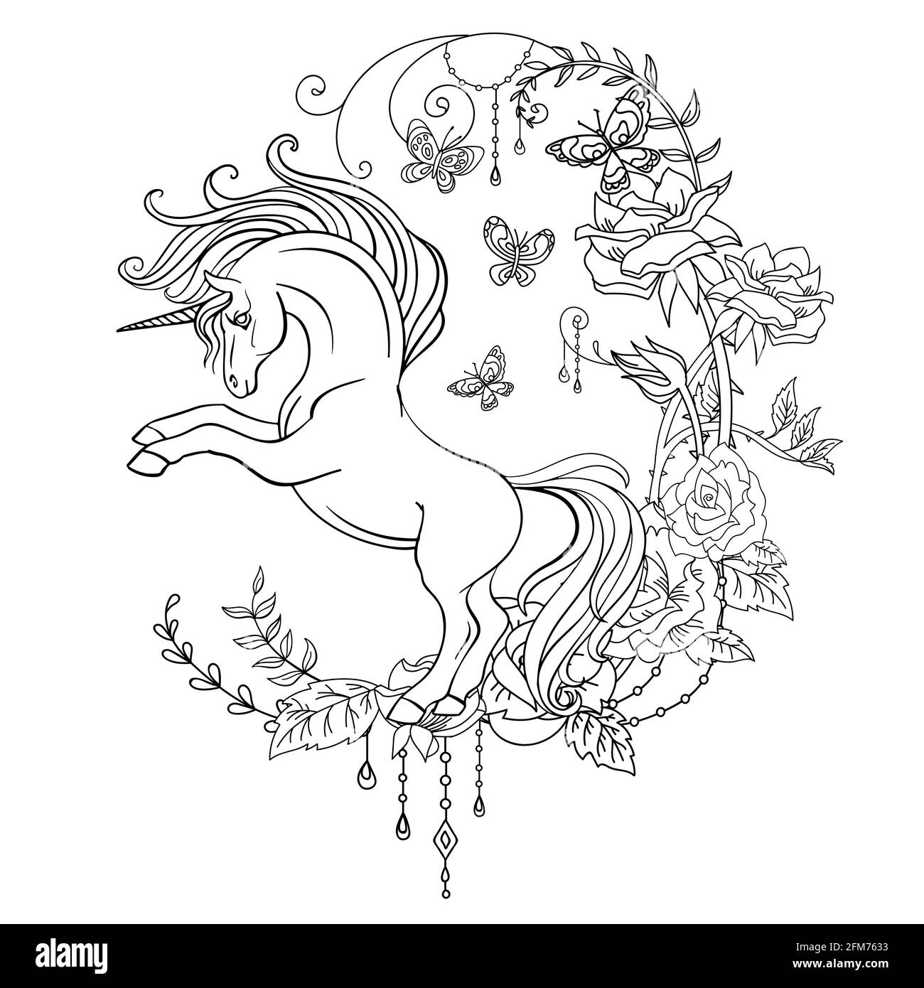Anti-Stress-Färbung mit Einhorn im Profil und abstrakten floralen Rahmen. Vektor schwarz-weiß isolierte Konturdarstellung zum Ausmalen von Buchseiten, d Stock Vektor