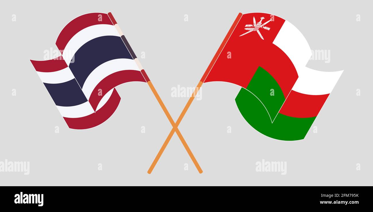 Gekreuzte und winkende Flaggen von Oman und Thailand. Vektorgrafik Stock Vektor