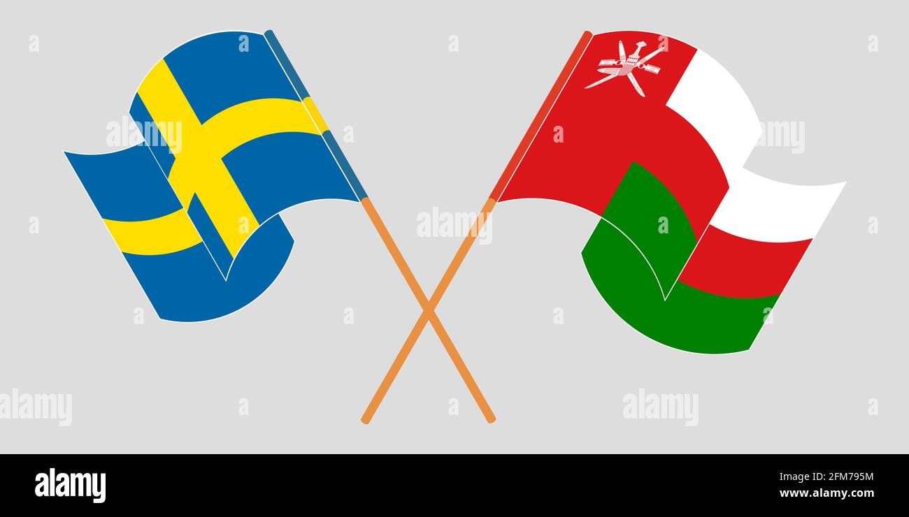 Gekreuzte Flaggen von Oman und Schweden. Offizielle Farben. Korrektes Verhältnis. Vektorgrafik Stock Vektor