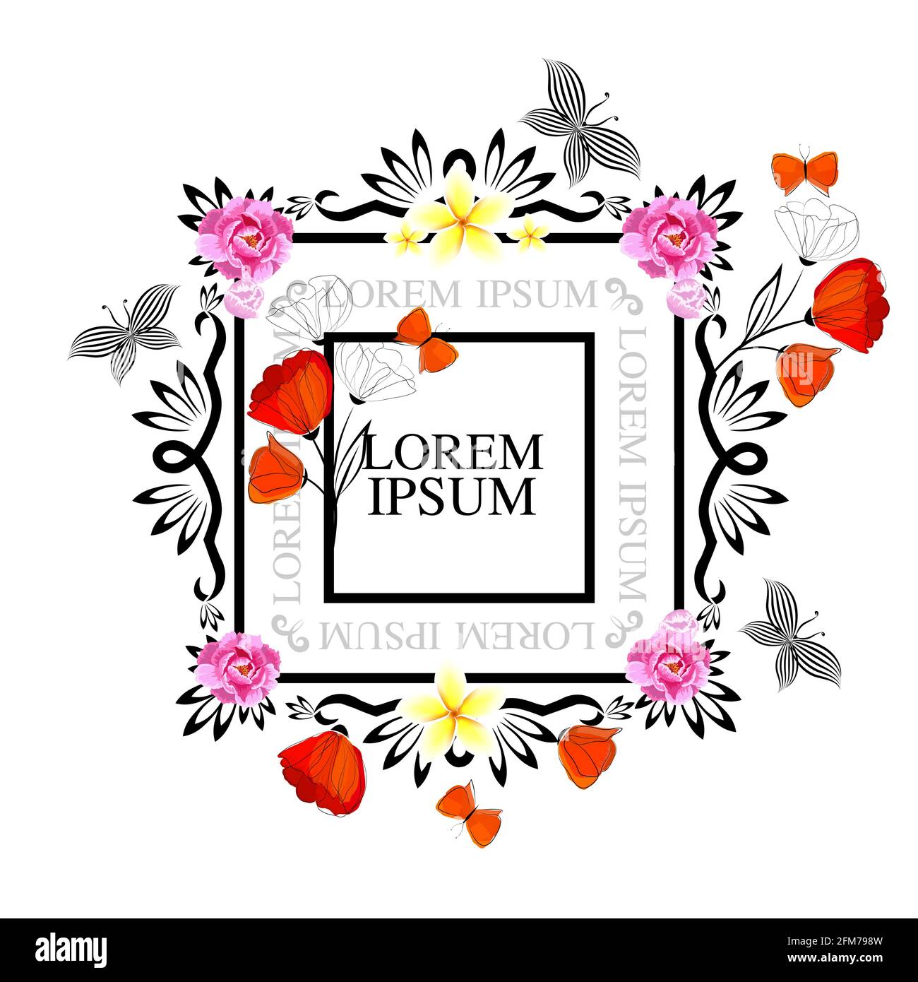 Ein quadratischer Rahmen aus Blumen im Vintage-Stil. Vektorgrafik Stock Vektor