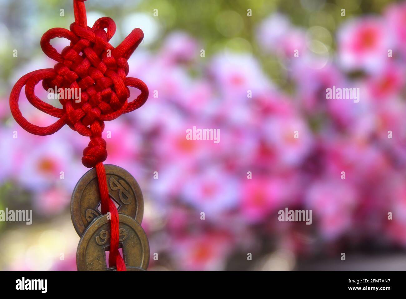 Chinesischer Feng Shu Reichtum und Erfolg Münzen mit Knot. Chinesische Neujahrsdekoration Stockfoto