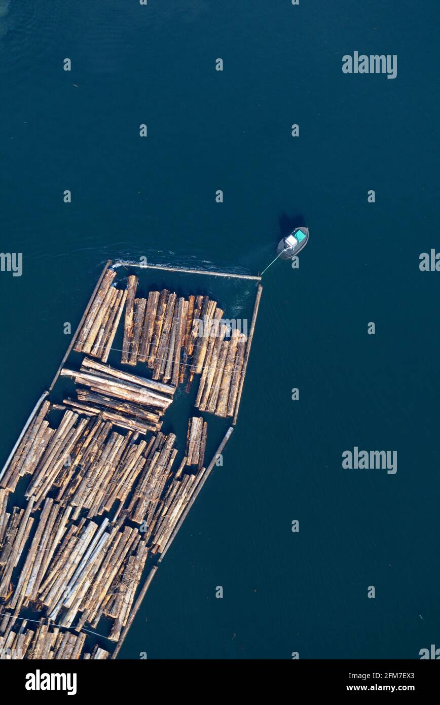 Der Baumboom wird im Ladysmith Harbour, Vancouver Island Luftaufnahmen, British Columbia, Kanada, geschleppt. Stockfoto