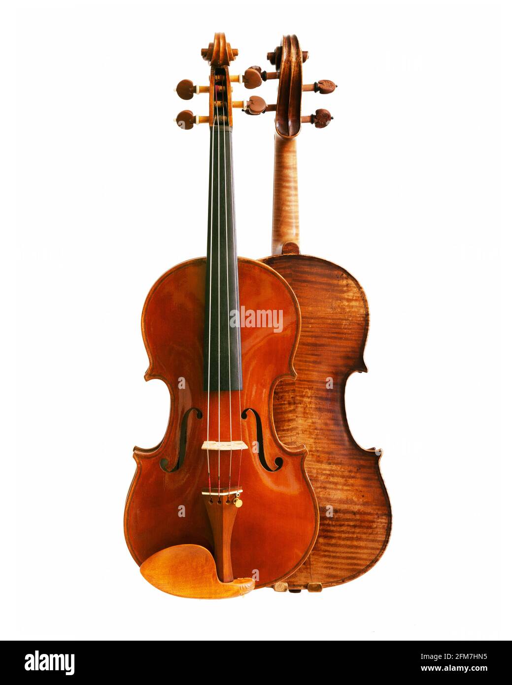 Violinen-Paar Rücken an Rücken auf einem senkrechten, schlichten weißen Hintergrund Stockfoto