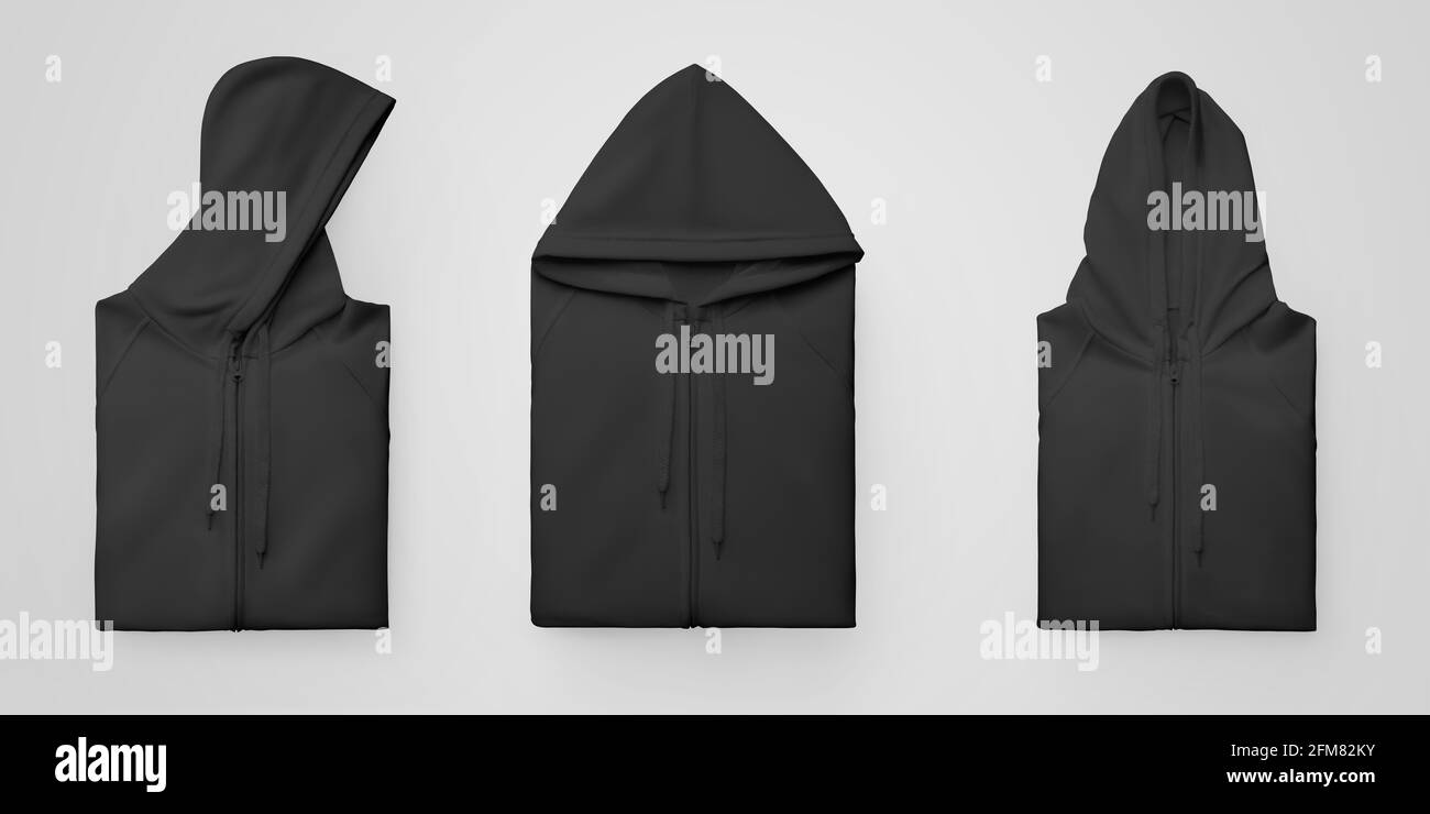 Mockup von stilvollen schwarzen Hoodie mit Reißverschluss, Kordelzug, gefaltetem Sweatshirt, isoliert auf dem Hintergrund. Leere Pullover-Vorlage für Präsentation d Stockfoto