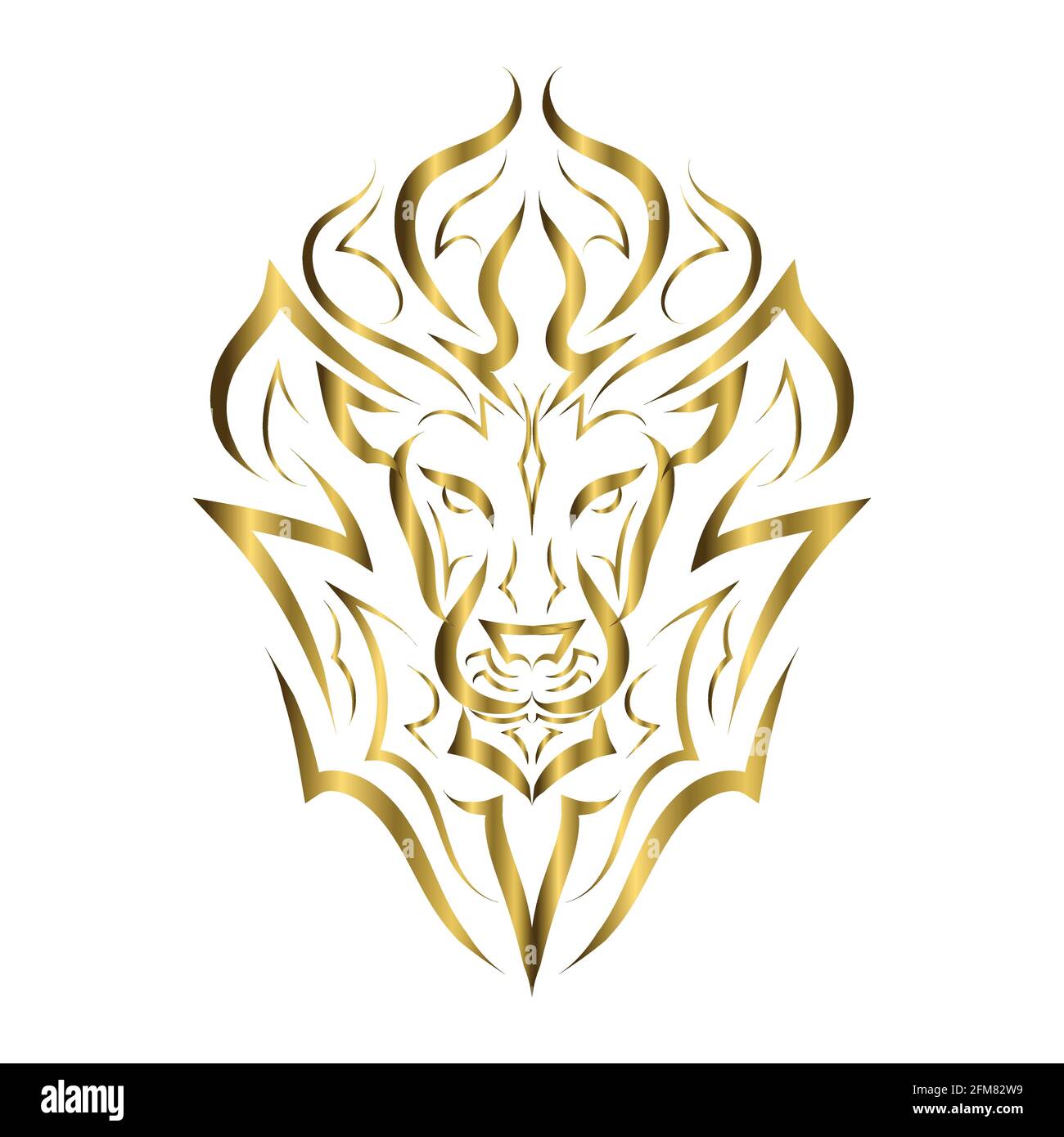 Goldene Linienkunst der Vorderseite des Löwenkopfes. Es ist ein Zeichen des leo-Tierkreises. Gute Verwendung für Symbol, Maskottchen, Symbol, Avatar, Tattoo, T-Shirt-Design, Logo oder ein Stock Vektor