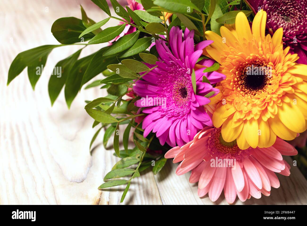 Nahaufnahme eines schönen bunten Straußes von Gerbera Blumen auf Holztisch Hintergrund. Grußkarte mit Platz für die Beschriftung. Einrichtung im botanischen Stil Stockfoto