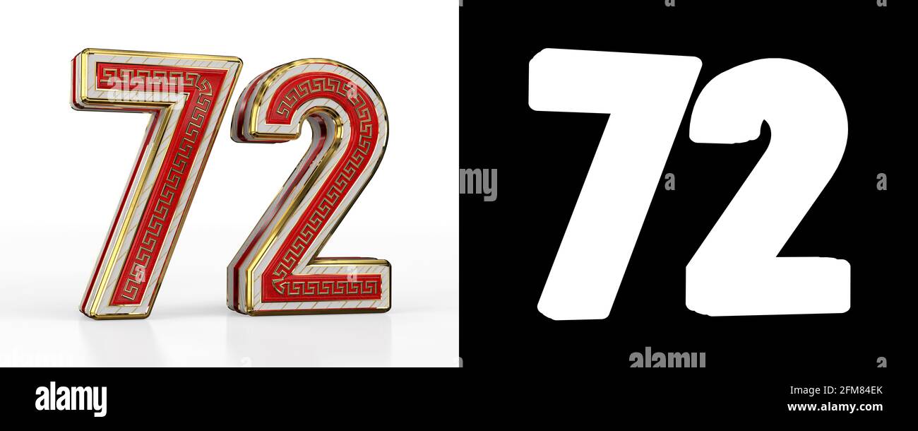 Nummer zweiundsiebzig (Zahl 72) mit rotem durchsichtigem Streifen auf weißem Hintergrund, mit Alphakanal. 3D-Illustration Stockfoto