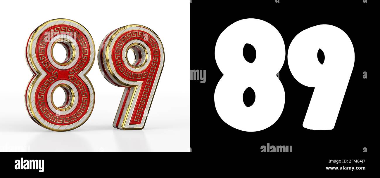 Neunundachtzig (Zahl 89) mit rotem transparentem Streifen auf weißem Hintergrund, mit Alphakanal. 3D-Illustration Stockfoto