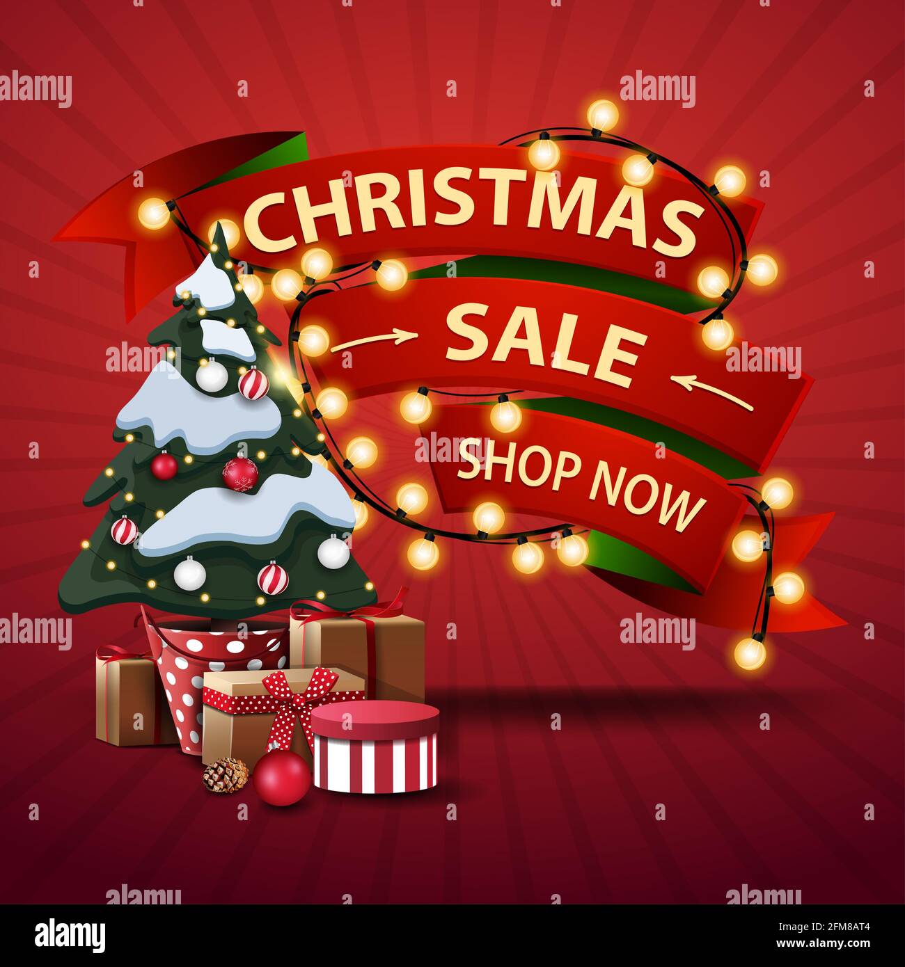 Weihnachtsverkauf, jetzt einkaufen, Rabatt-Banner in Form von Bändern umwickelt Girlande und Weihnachtsbaum in einem Topf mit Geschenken Stockfoto