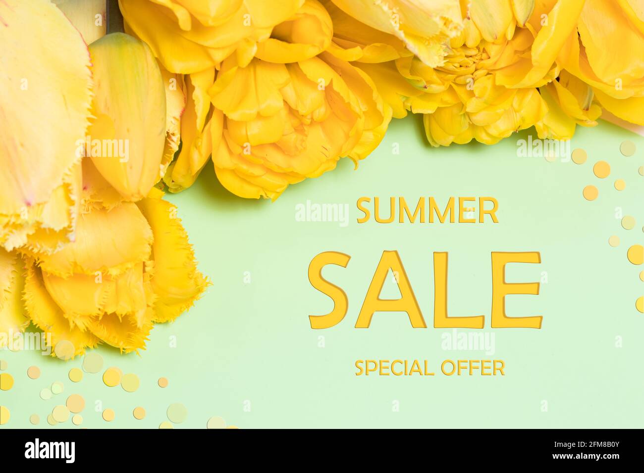 Das gelb-grüne Banner ist ein besonderer Anbieter mit der Aufschrift Summer Sale. Rabatte für den Sommer in Geschäften. Stockfoto