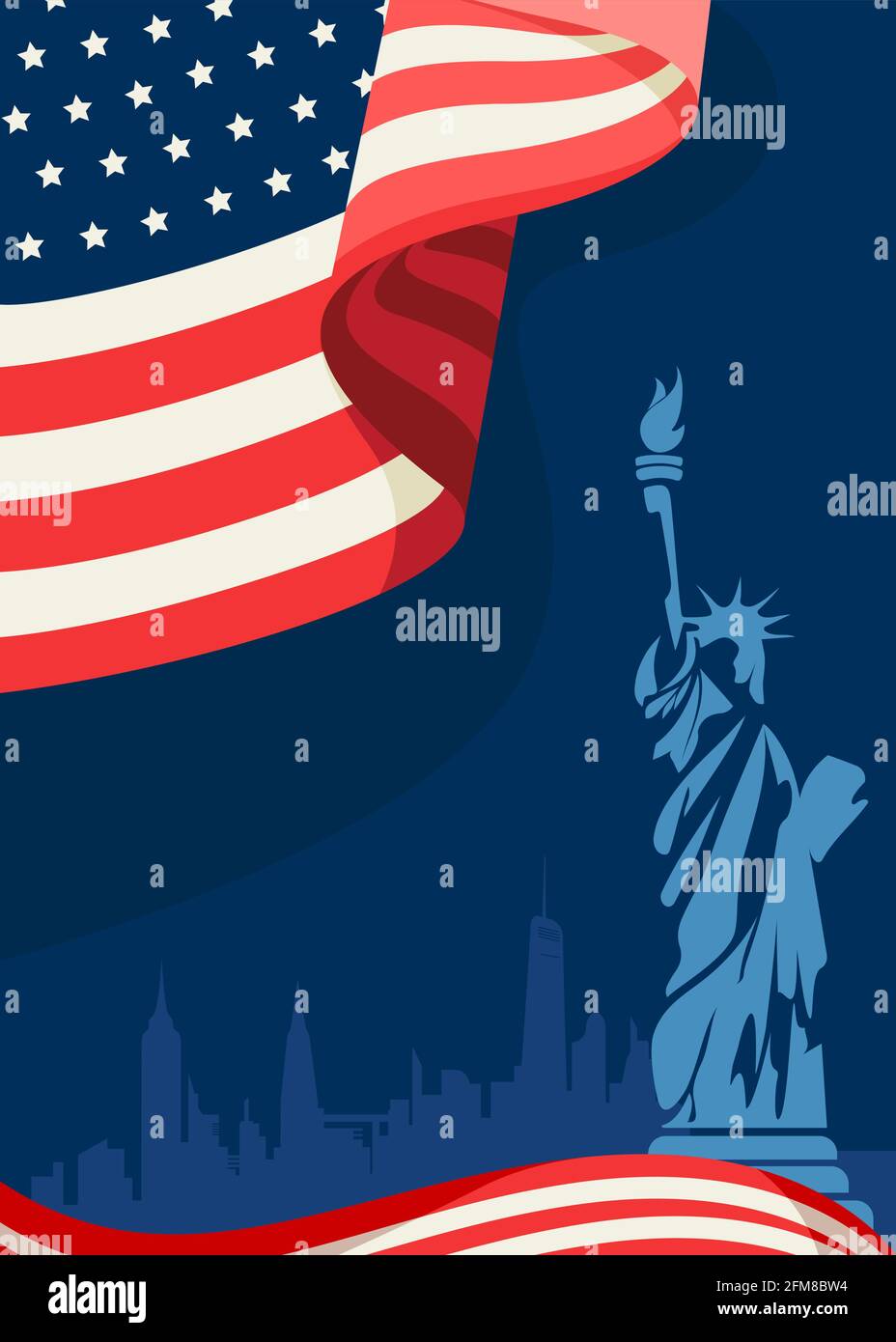 Plakat mit Flagge und Freiheitsstatue. Konzeptkunst des US-Feiertags. Stock Vektor