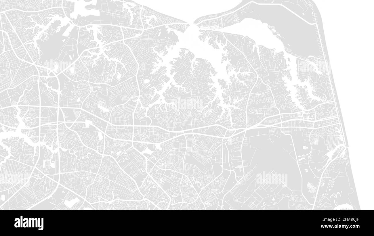 Weiß und hellgrau Virginia Beach Stadtgebiet Vektor-Hintergrund-Karte, Straßen und Wasserkartographie Illustration. Breitbildformat, digital flach d Stock Vektor