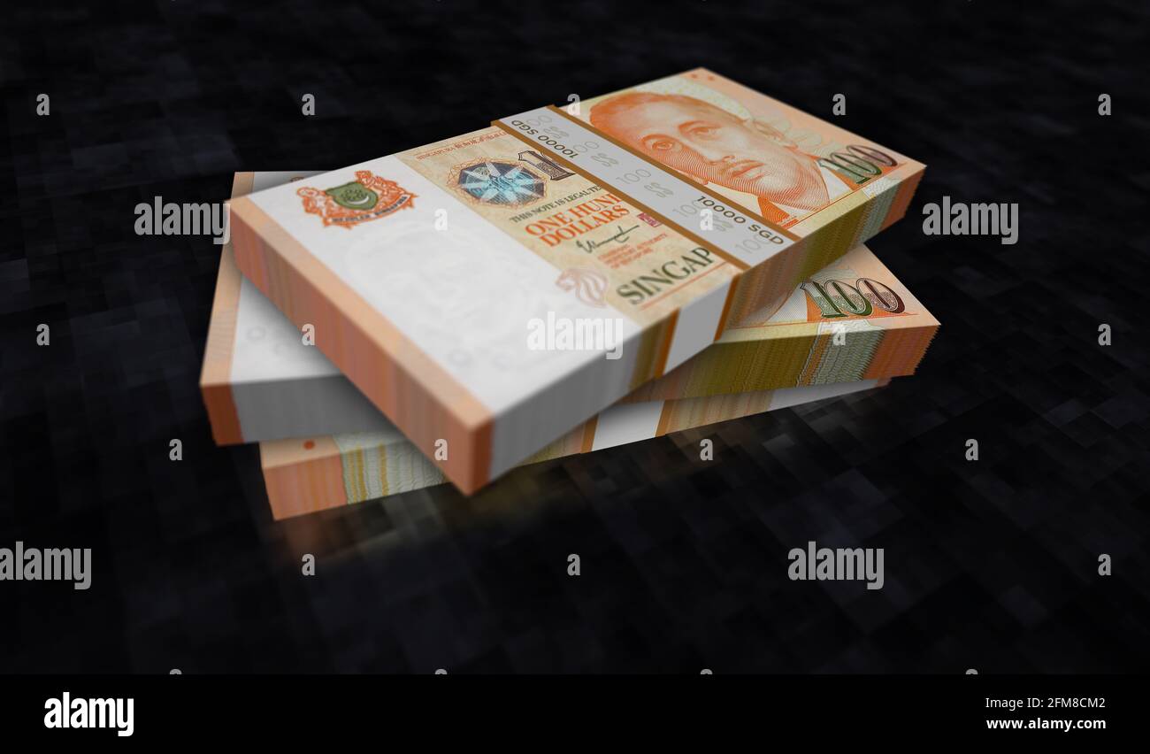 Singapur Dollar Geldpaket 3d-Illustration. Stapel von SGD-Banknoten. Konzept von Finanzen, Bargeld, Wirtschaftskrise, Unternehmenserfolg, Rezession, bank, Stockfoto