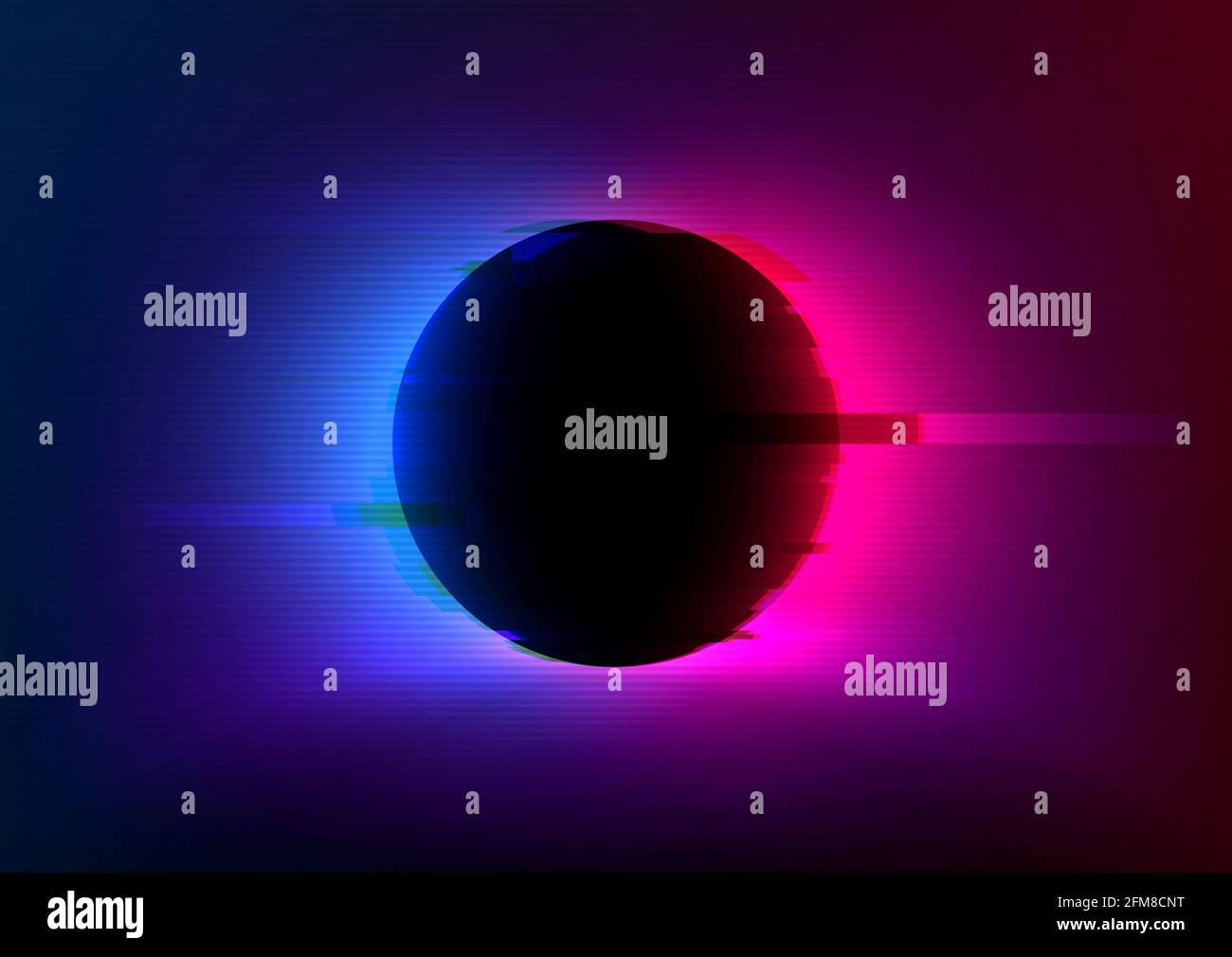 VHS Glitch-Effekt-Hintergrund mit lebhaftem neonblau-rosa Licht hinter dem schwarzen Kreis. Eclipse-Konzept. Design von Banner, Poster für Cybersport und Stockfoto