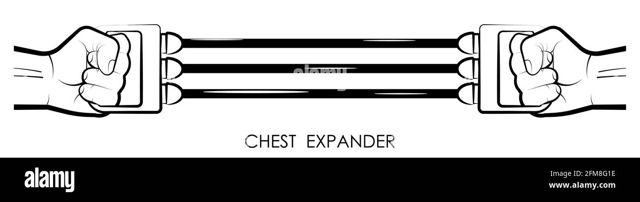 Athlet starke männliche Arme Stretch elastische Brustaufweiter. Gummi-Sporttrainer für Fitness. Vektorsymbol Stock Vektor
