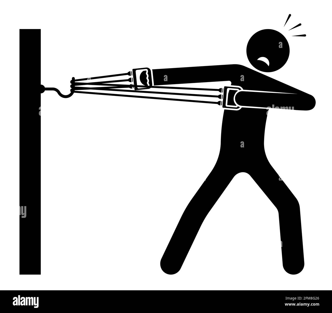 Mann, Athlet arbeitet im Fitnessstudio und dehnt den sportlichen elastischen Expander für Arme und Brust. Gummi-Sporttrainer für Fitness. Vektor Stock Vektor