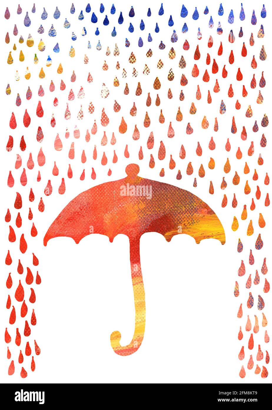 Illustration eines Regenschirms im Regen, erstellt mit gemischten Medien (traditionell und digital), auch ideal zur Illustration abstrakter Konzepte Stockfoto