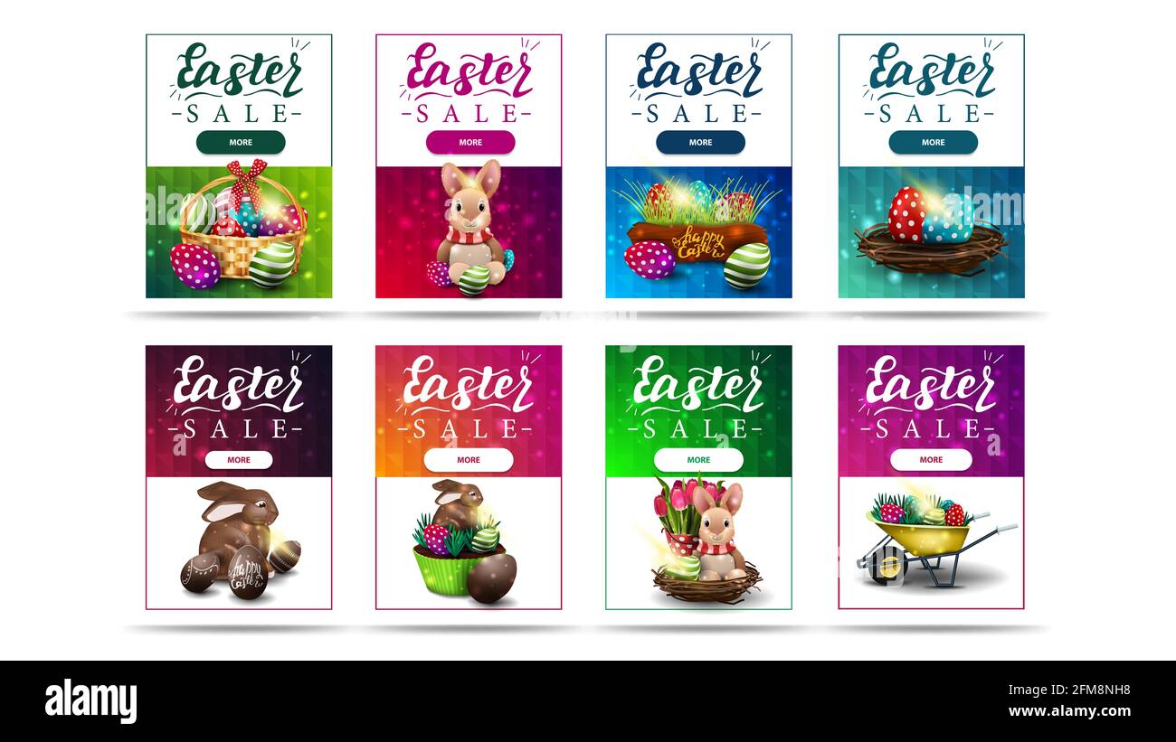 Osterverkauf, große Kollektion Helle vertikale bunte Discount Banner mit Ostersymbolen, Knöpfen und polygonaler Textur. Bunte ostern Verkauf verti Stockfoto