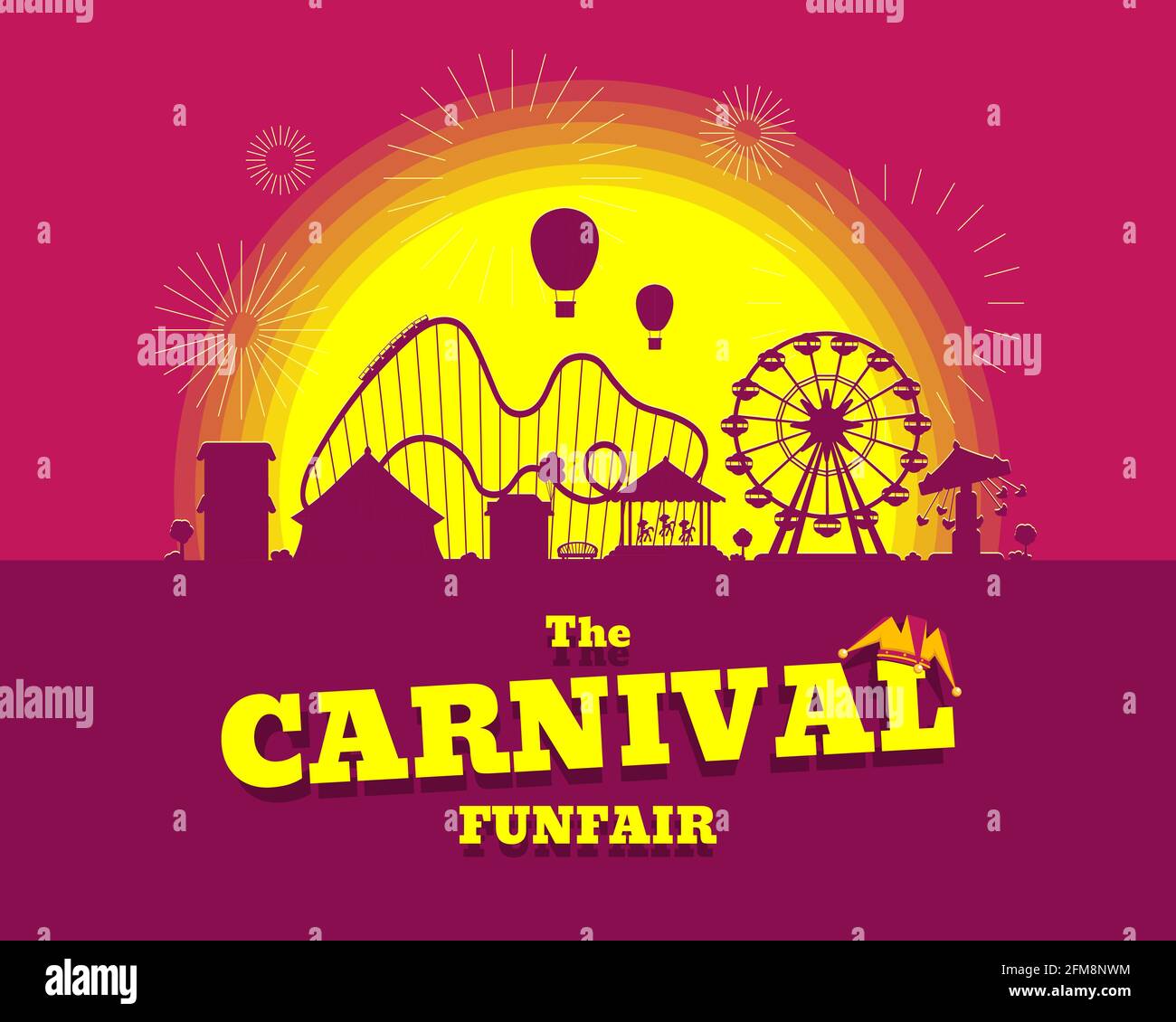 Karneval Funfair Flyer oder Banner. Vergnügungspark mit Zirkus, Karussells, Achterbahn, Attraktionen auf Sonnenuntergang Hintergrund. Lustige schöne Landschaft mit Feuerwerk. Riesenrad und Karussell-Festival Stock Vektor