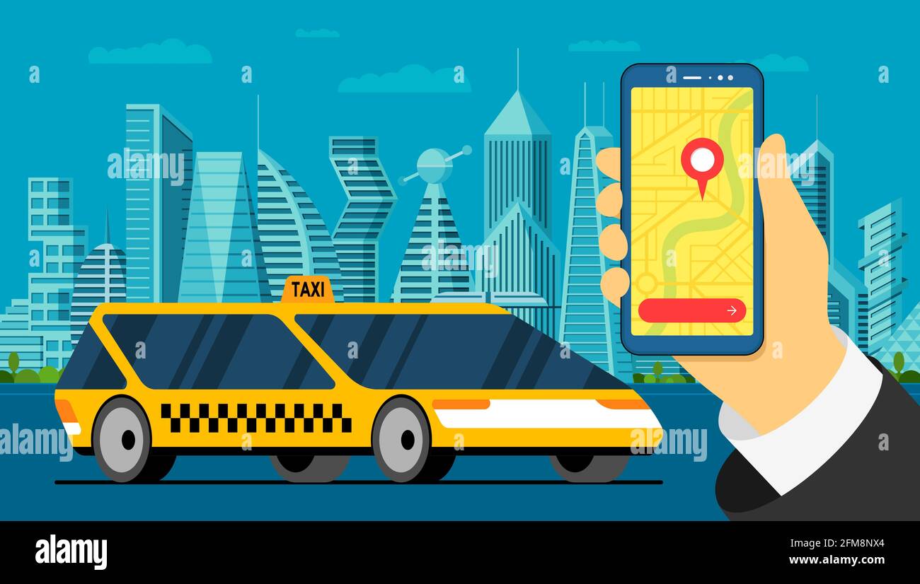 Taxi Service App. Hand hält Smartphone mit Geotag gps Position PIN Ankunft Adresse auf der Karte und moderne gelbe Auto auf intelligente Stadtbild Straße. Online Taxicab Anwendung flache Vektor Illustration Stock Vektor
