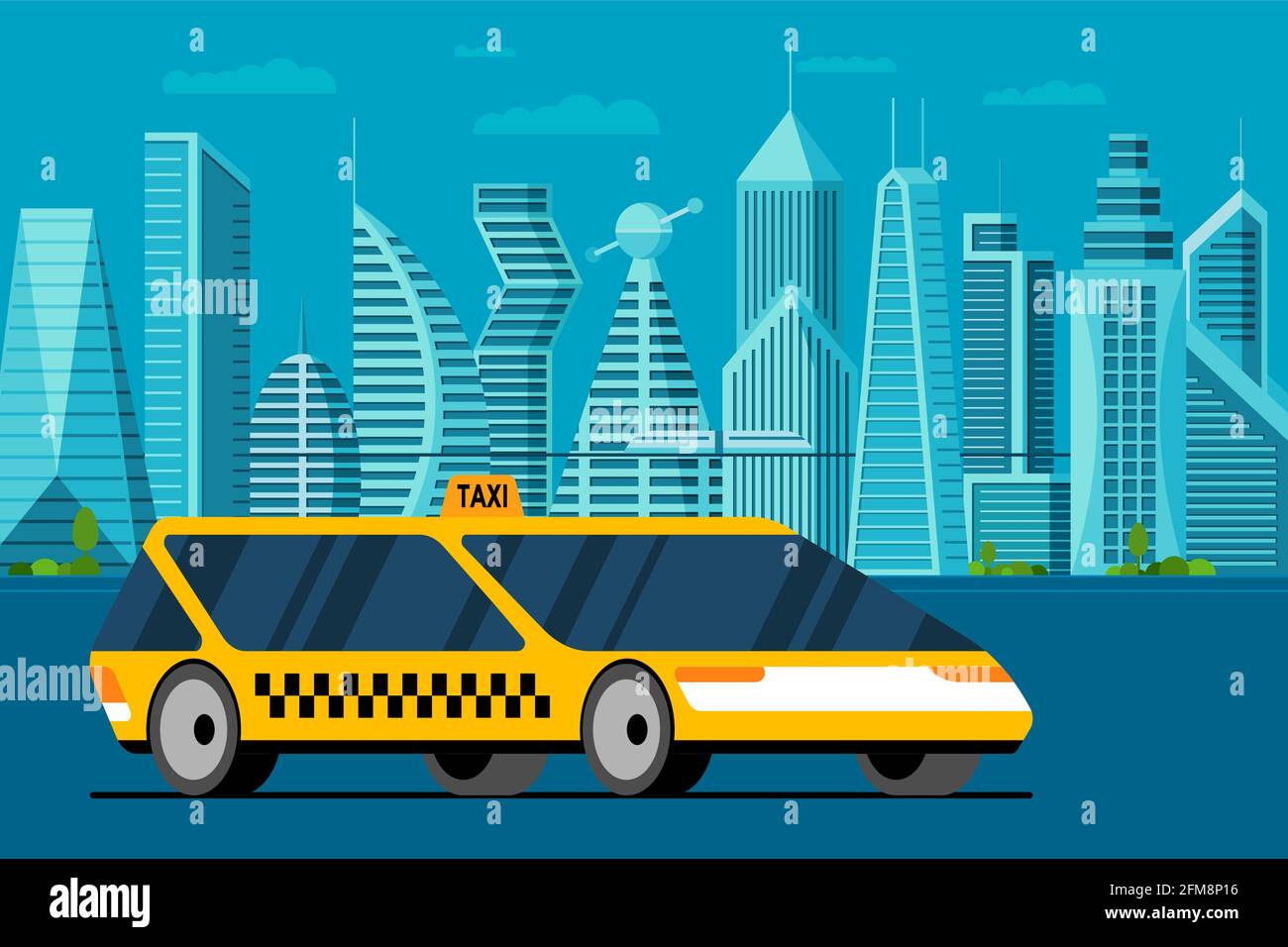 Futuristisches gelbes Auto auf zukünftiger Stadtlandschaft Straße. Autonom Taxi Taxi Taxi Fahrzeug-Service in Smart City mit Wolkenkratzern und Türmen. Flache Vektorgrafik Stock Vektor