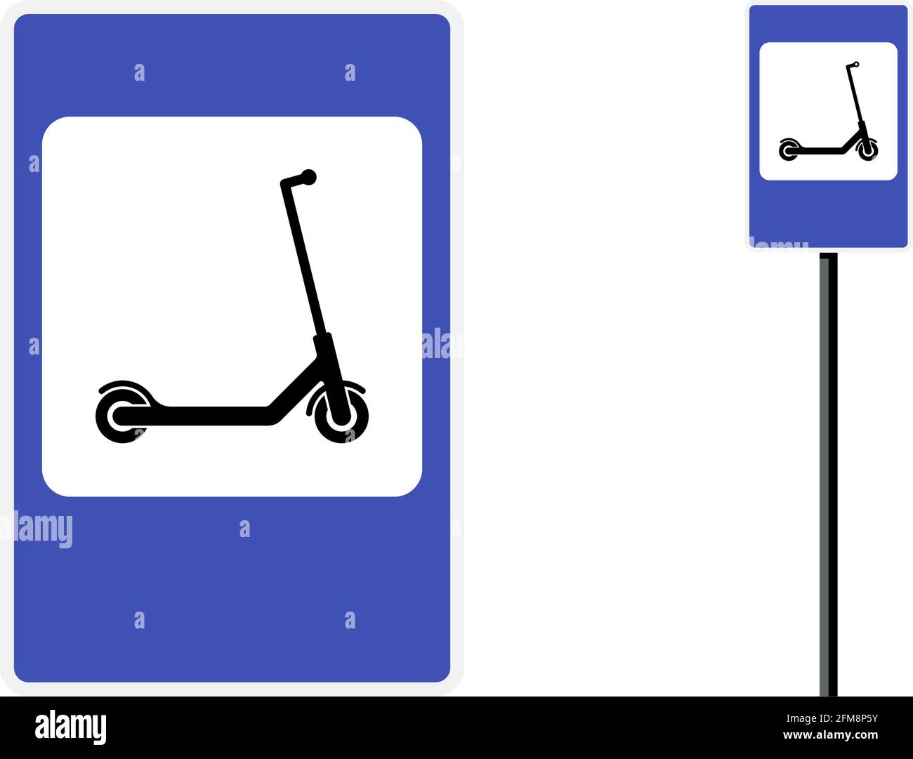 Elektro-Kick Scooter Zone blau rechteckigen Straßenschild für umweltfreundliche grüne Mobilität und Stadtverkehr. Vector E-Scooter Verkehrsregelung Straßenschild isolierte Abbildung Stock Vektor