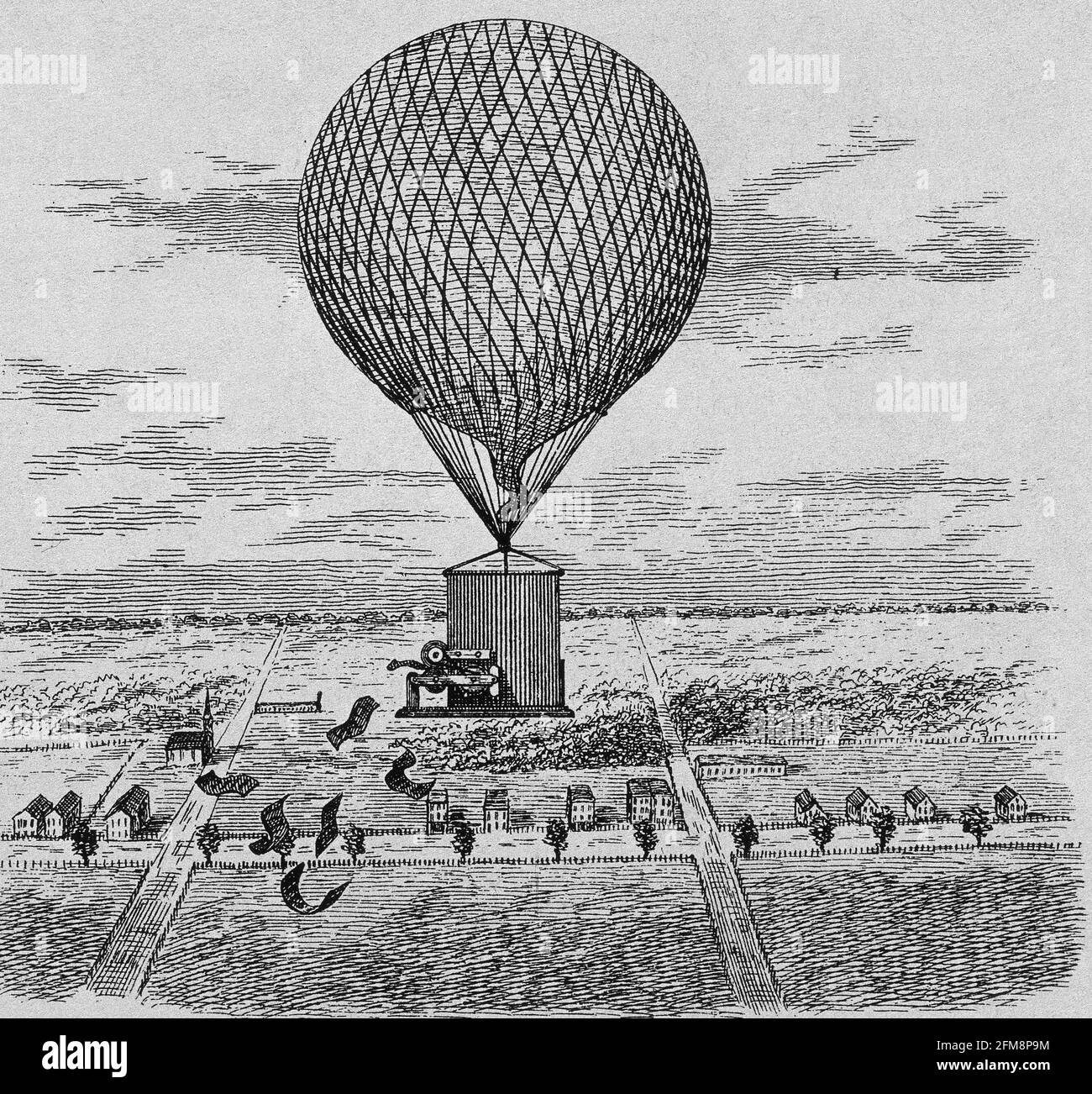 GRABADO-GLOBO QUE REPARTE PROPAGANDA PUBLICITARIA-1863-PATENTE USA. Stockfoto