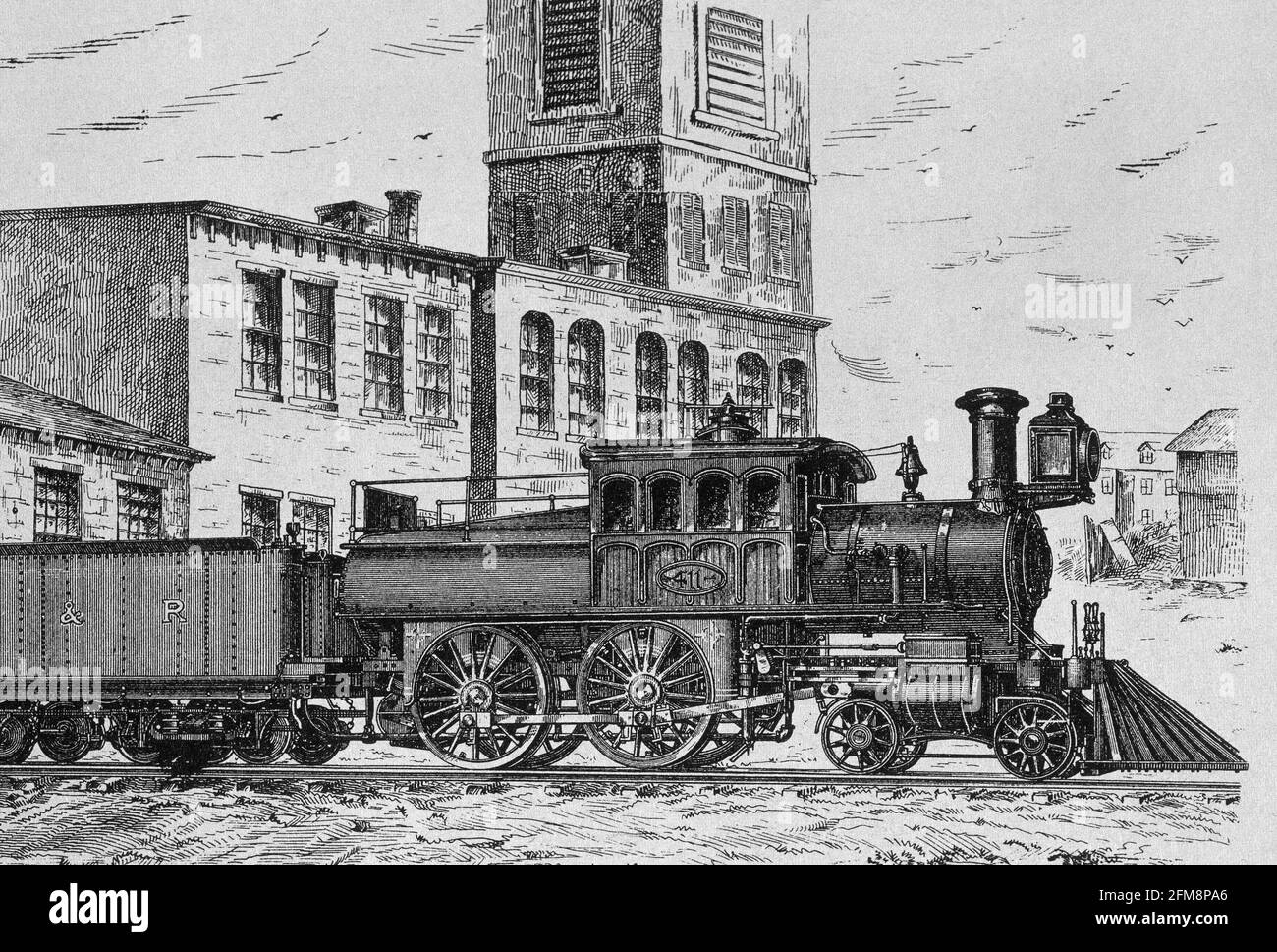 GRABADO-LOCOMOTORA DE PASAJEROS-1884-PATENTE USA. Stockfoto