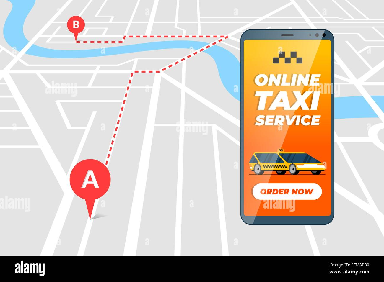 Smartphone mit Online Taxi Bestellservice App Konzept. Taxi Transfer Route und Geotag gps Position PIN Ankunft Adresse auf der Karte. Holen Sie sich Taxicab Positionierung Anwendung flache Vektor eps Illustration Stock Vektor