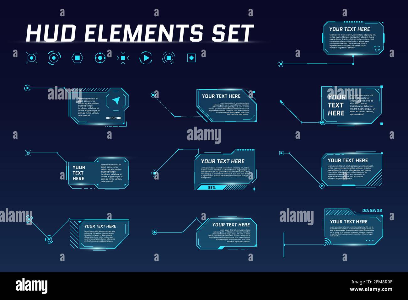 HUD Digital Futuristic Callout-Titelset. Rufen Sie die Bezeichnungen der Sci Fi-Rahmenleiste auf. Präsentation oder Infografik Moderne digitale Infobox Layout-Vorlagen. Interface HUD UI GUI Element. Vektorgrafik Stock Vektor