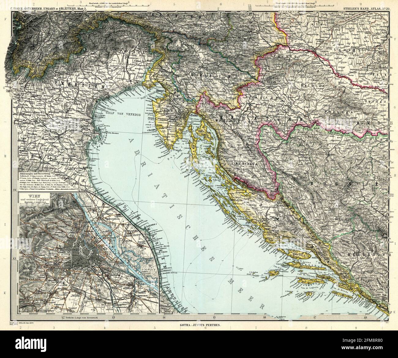 Kupferstich-Landkarte der Adria aus dem 19. Jahrhundert. Alle Karten sind wunderschön farbig und illustriert und zeigen die Welt zu dieser Zeit. Stockfoto