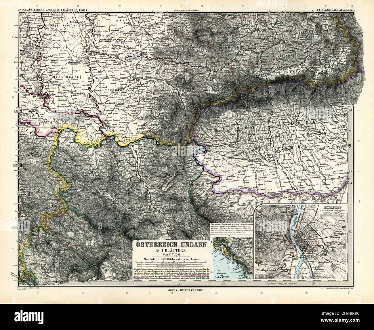 Kupferstichkarte von Österreich-Ungarn aus dem 19. Jahrhundert. Alle Karten sind wunderschön farbig und illustriert und zeigen die Welt zu dieser Zeit. Stockfoto