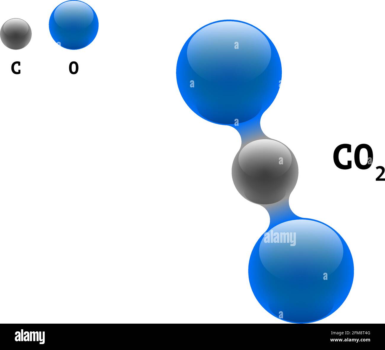 Chemie-Modell Molekül Kohlendioxid CO2 wissenschaftliche Element Formel. Integrierte Partikel natürliche anorganische 3D molekulare Struktur bestehend. Zwei Sauerstoff- und Kohlenstoffvolumen-Atom eps-Vektorkugeln Stock Vektor