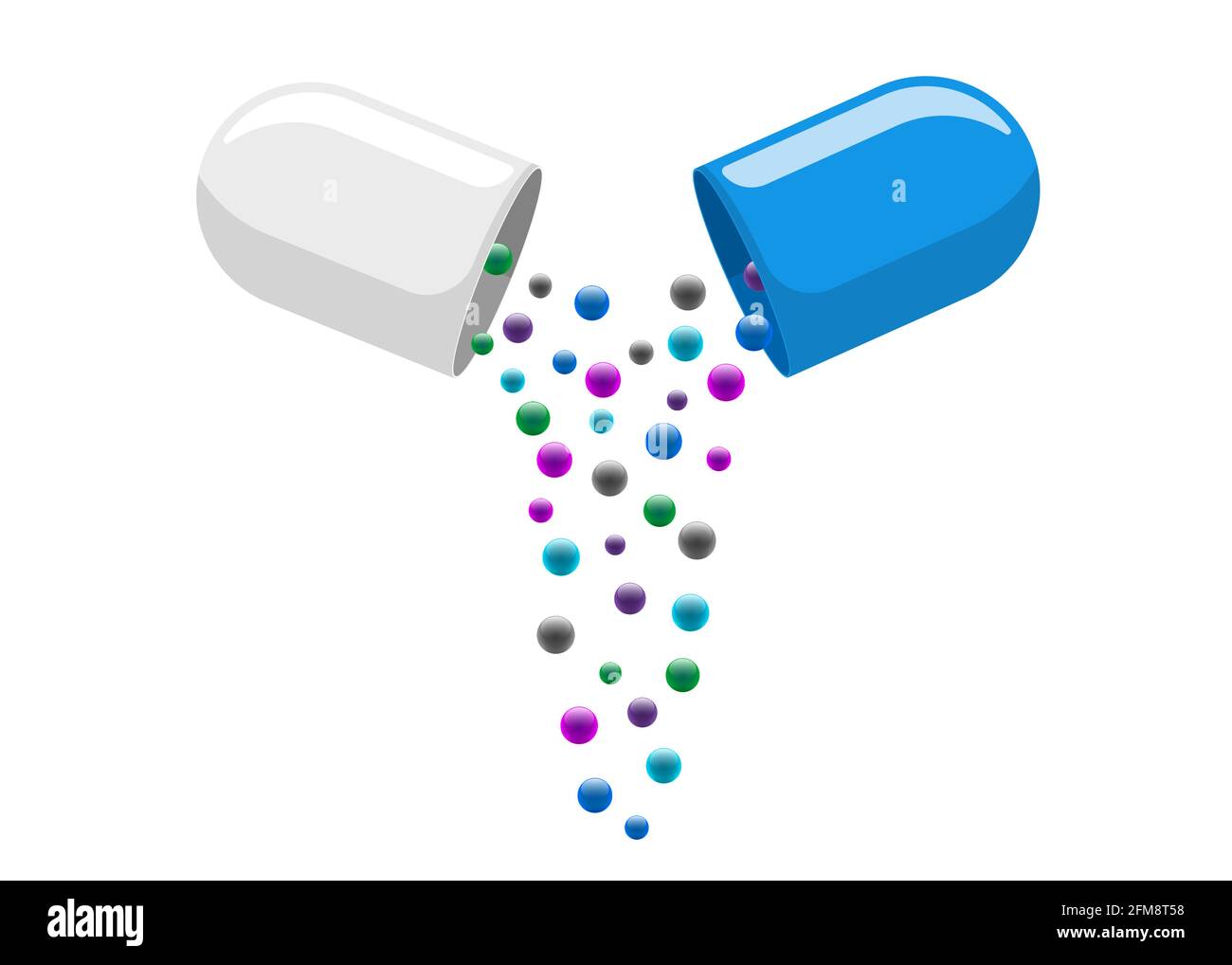 Medizinische Kapsel Pille geöffnet mit herausfallenden bunten Molekülen. Medizin Medikament Vitamin verbessern Gesundheitskonzept. Weiße und blaue pharmazeutische Antibiotika-Hälften mit Partikeln Vektor isolierte Abbildung Stock Vektor