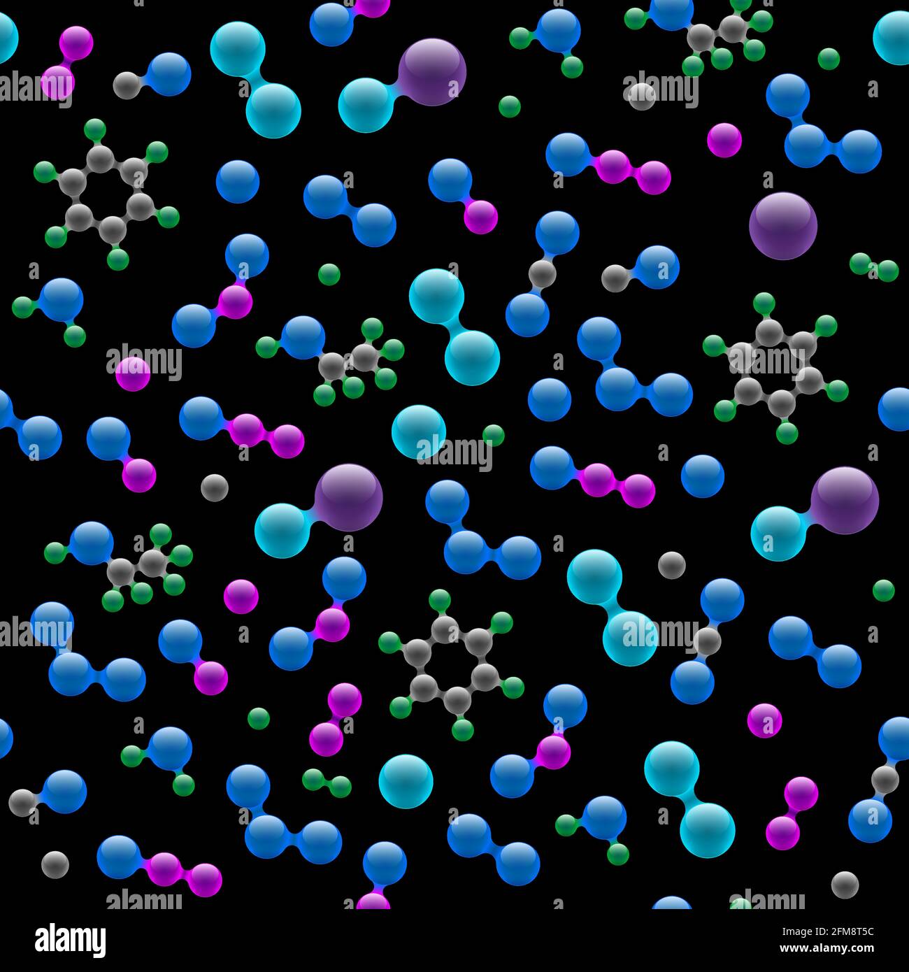 Chemie Atomic Molecular 3D Struktur nahtloses Muster. Abstraktes Designkonzept für die Wissenschaft Biotechnologie chemische Industrie. Vektor-Atome und Moleküle Textur auf schwarzem Hintergrund eps Abbildung Stock Vektor