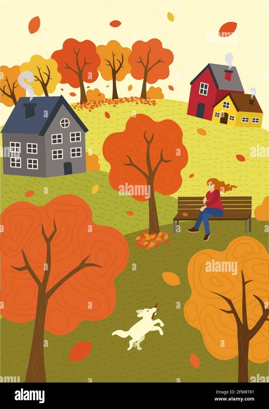 Herbststimmung handgezeichnete Herbstsaison Natur. Mädchen auf Parkbank im Wind und geht Hund. Rasenhügel und Bäume. Ländliche Ruhe rustikale Szene Vektor Illustration für Poster, Banner, Karte, Broschüre oder Cover Stock Vektor