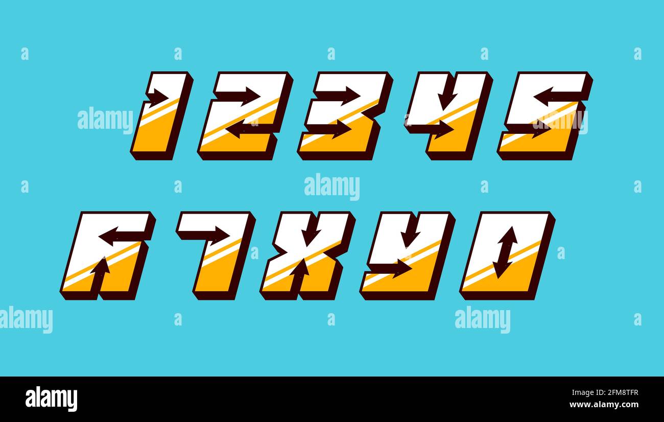 Zahlen Bunte Set in 3d kursiv Vintage-Stil mit Pfeilen in schnellen srtyle trendige Typografie consisiting von 1 2 3 4 5 6 7 8 9 0 für Poster-Design und oder Grußkarte. Vector moderne Schriftart EPS 10 Stock Vektor