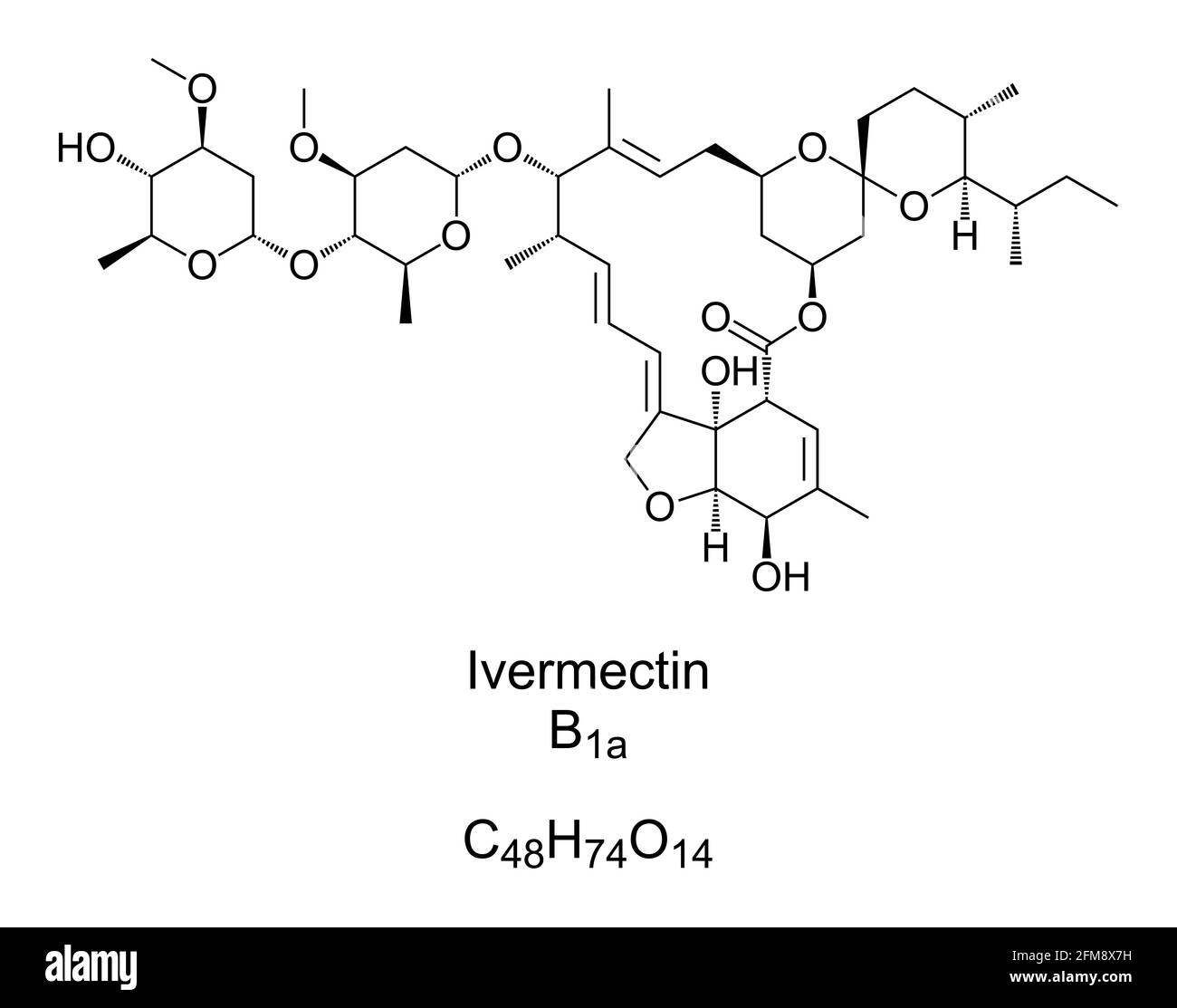 Ivermectin, chemische Formel, Skelettstruktur. B1A-Derivat, Hauptbestandteil von Ivermectin, einem Medikament zur Behandlung von Parasiten-Befall. Stockfoto