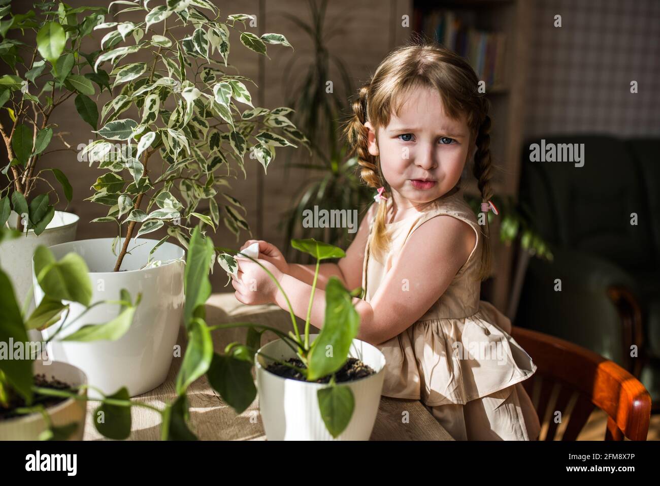 Happy kleine niedliche Baby Mädchen kümmert sich um Zimmerpflanzen. Mädchen Bewässerung und Spritzen Zimmerpflanzen zu Hause Stockfoto