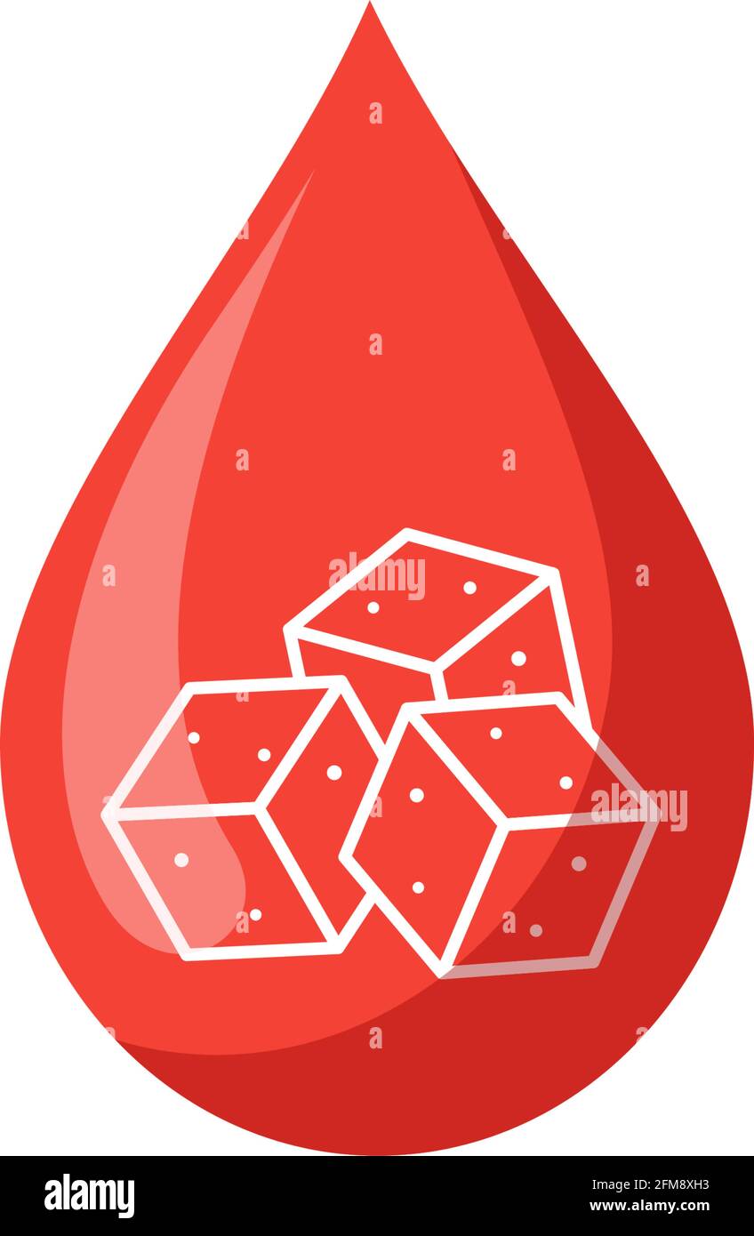 Bluttropfen mit Zuckerstückchen im Schild. Testen des Blutzuckerkonzepts. Diabetes Welttag. Vektorgrafik Stock Vektor