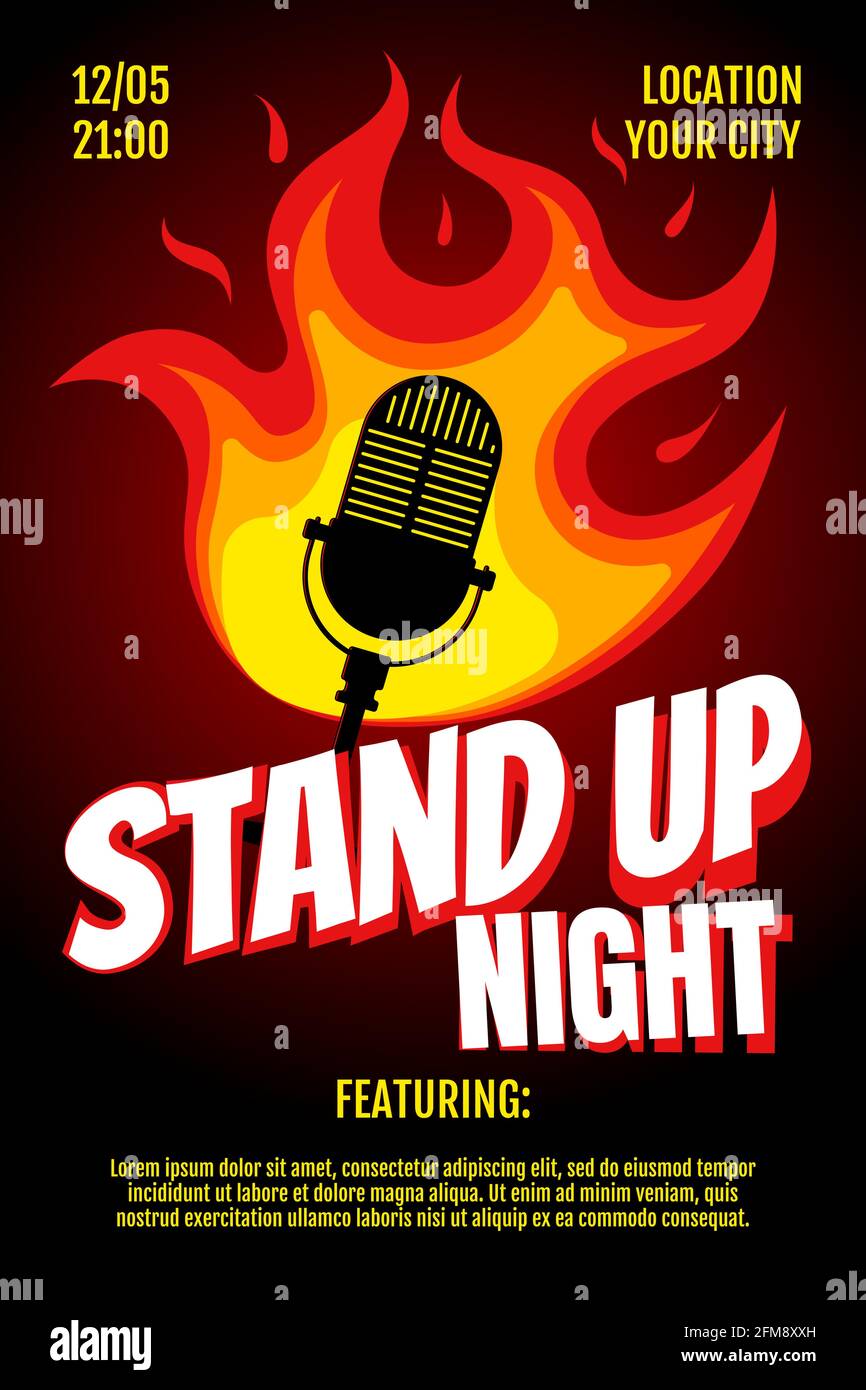 Stand Up Comedy Night Live Show A3 A4 Poster Design Vorlage. Retro Standup Mikrofon mit Feuer auf schwarzem Hintergrund. Hot Witze Braten Konzept Flyer. Vektor-Open-Mic-Event-Bühnendarstellung Stock Vektor